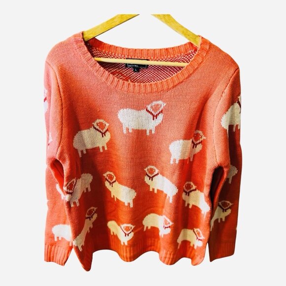 Pol Women’s Sheep Print Pullover Knit Sweater Coral Large Princess Diana - Picture 1 of 6